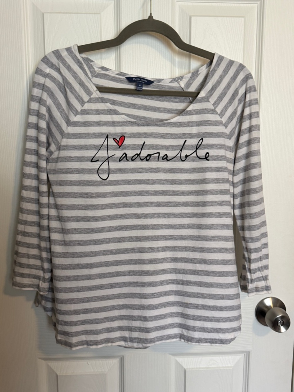 Peter Som French Girl Breton Stripe Graphic Tee Medium Gray White 3/4 Sleeve - Picture 3 of 6